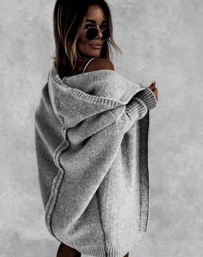 Women's bat sleeve hooded cardigan in sheep wool blend, available in multiple colours