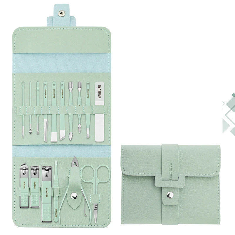 A 16-piece premium manicure and pedicure set with stainless steel tools and a stylish leather case