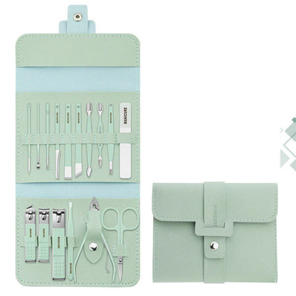A 16-piece premium manicure and pedicure set with stainless steel tools and a stylish leather case