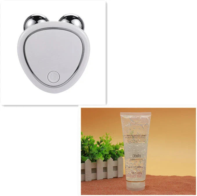 Portable facial micro-current beauty instrument with dual roller massager for lifting, firming, and reducing puffiness