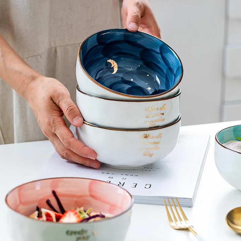 Premium Nordic-style ceramic breakfast bowl set with star-shaped pattern and glossy finish