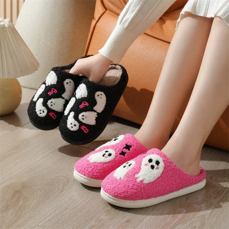 Cozy Halloween-themed cartoon ghost slippers with soft cotton construction and non-slip soles for comfortable indoor wear