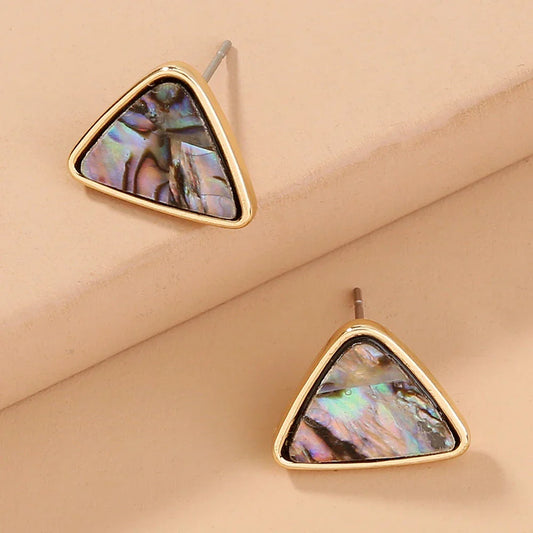 Triangular Abalone Shell Stud Earrings with Iridescent Patterns and Modern Design
