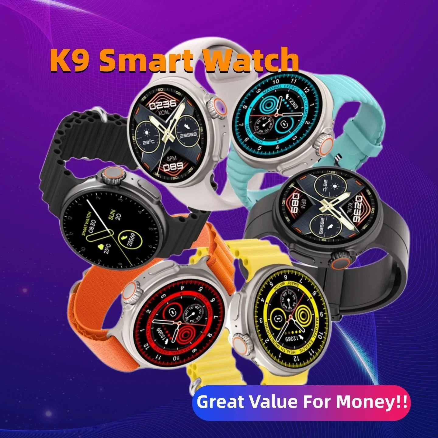 New K9 Smart Watch with 1.39-inch round screen, wireless charging, NFC payment, and comprehensive health monitoring features