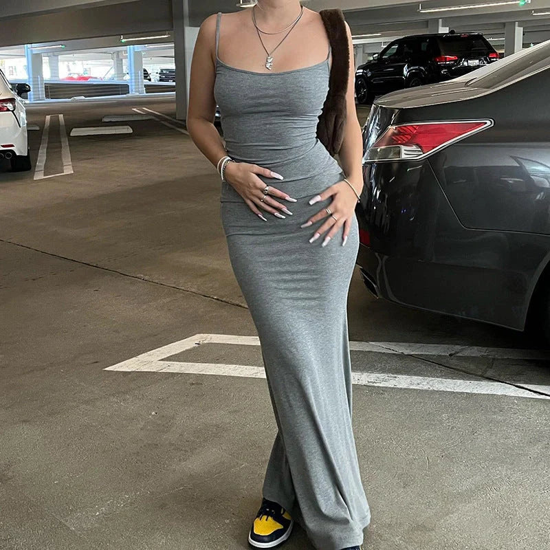Women's spaghetti strap long dress in pink, gray, black, and blue with high waist design
