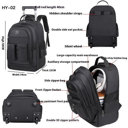 Durable, waterproof trolley backpack with single-directional wheel for smooth mobility and ample storage space for British travellers