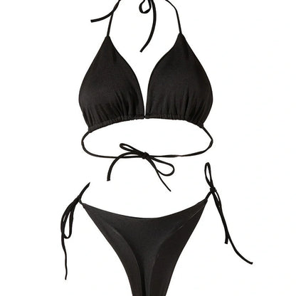 Stylish lace-up three-point bikini swimsuit with chest padding for British beach fashion