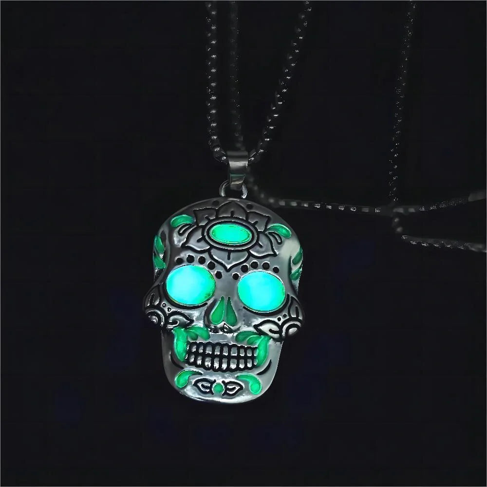 Halloween Luminous Skull Necklace with Day of the Dead Lotus Pattern