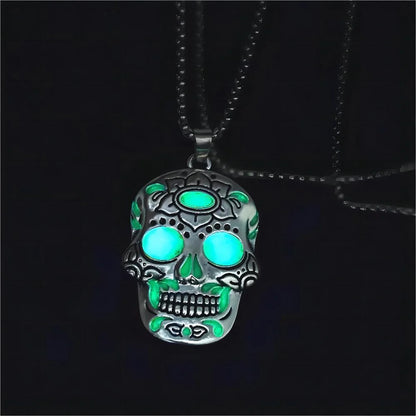Halloween Luminous Skull Necklace with Day of the Dead Lotus Pattern