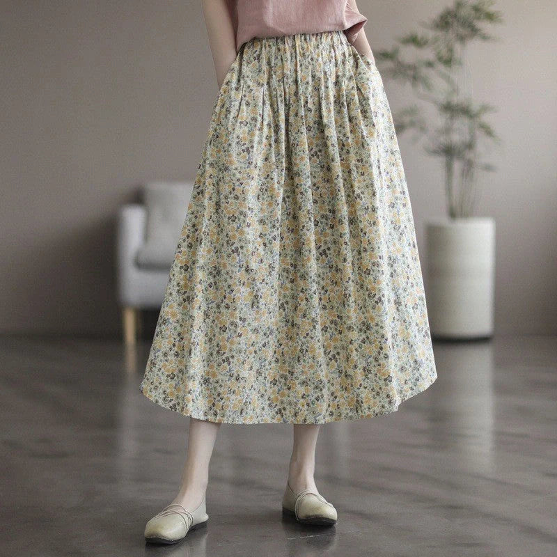 Artistic Floral Washed Cotton Skirt with little yellow and blue flowers, urban leisure style
