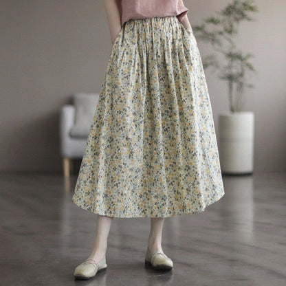 Artistic Floral Washed Cotton Skirt with little yellow and blue flowers, urban leisure style