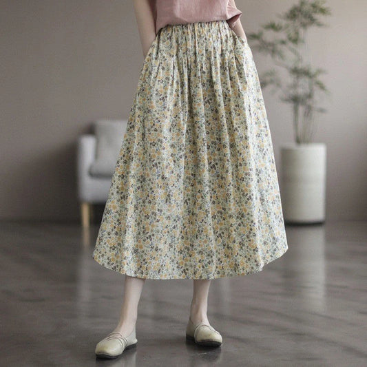 Artistic Floral Washed Cotton Skirt with little yellow and blue flowers, urban leisure style