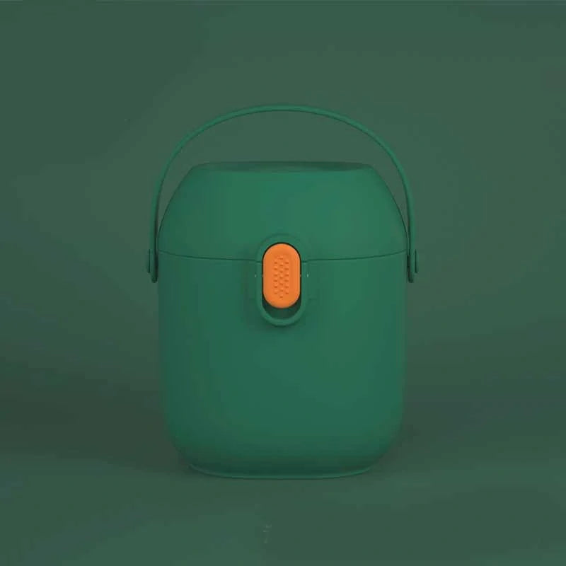 Large airtight baby milk powder storage container with scoop in peacock blue, olive green, and rouge powder