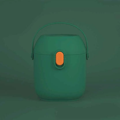 Large airtight baby milk powder storage container with scoop in peacock blue, olive green, and rouge powder