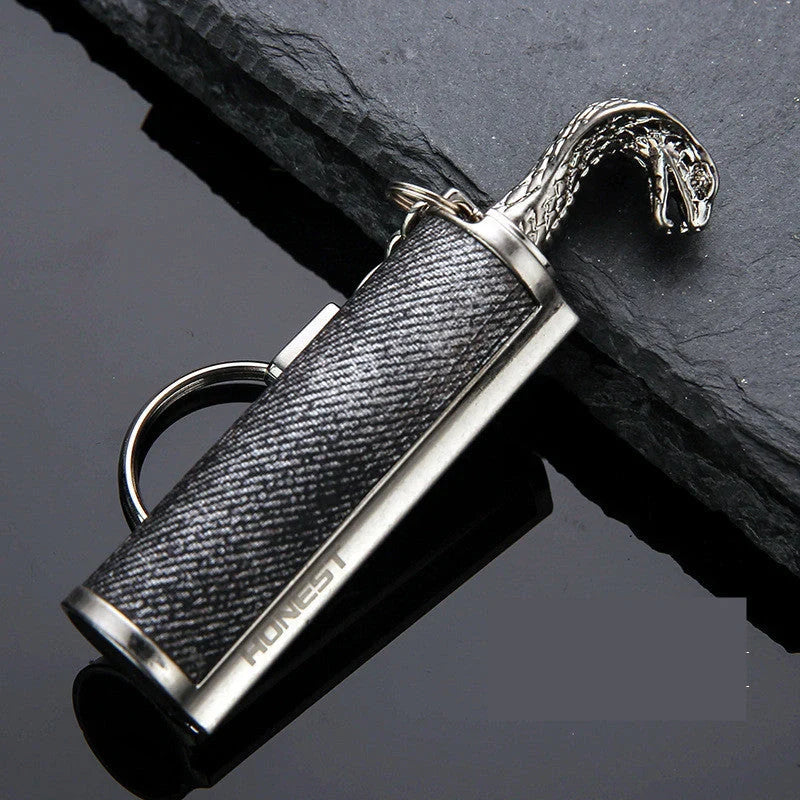 Metal keychain lighter with flint starter and bottle opener in various finishes