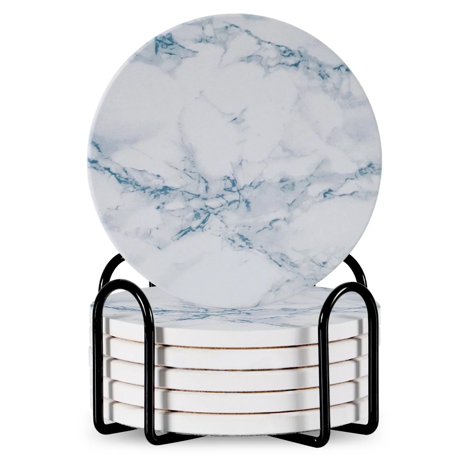 Set of 6 ceramic beverage coasters with metal stand and cork base, elegant and practical.