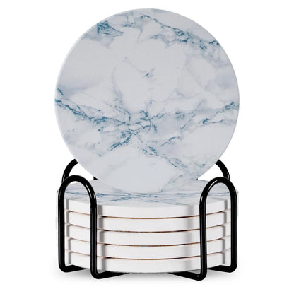 Set of 6 ceramic beverage coasters with metal stand and cork base, elegant and practical.