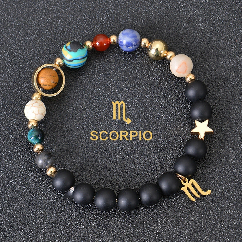 Frosted Stone Beaded Zodiac Bracelet featuring detailed zodiac signs on natural stone beads