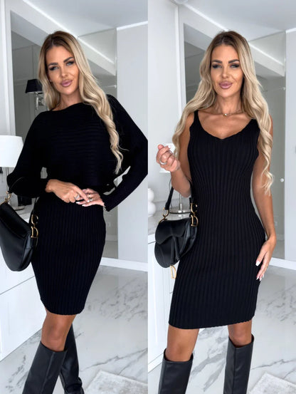 A stylish 2-piece outfit featuring a long-sleeve striped top and a suspender skirt in various colors.