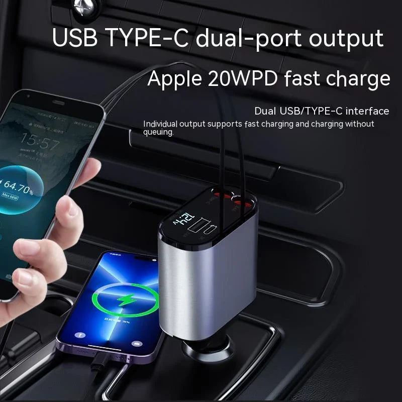 Ultra-Fast 100W Car Charger with Retractable Cable and Adjustable Connector for Rapid Smartphone, Tablet, and Laptop Charging