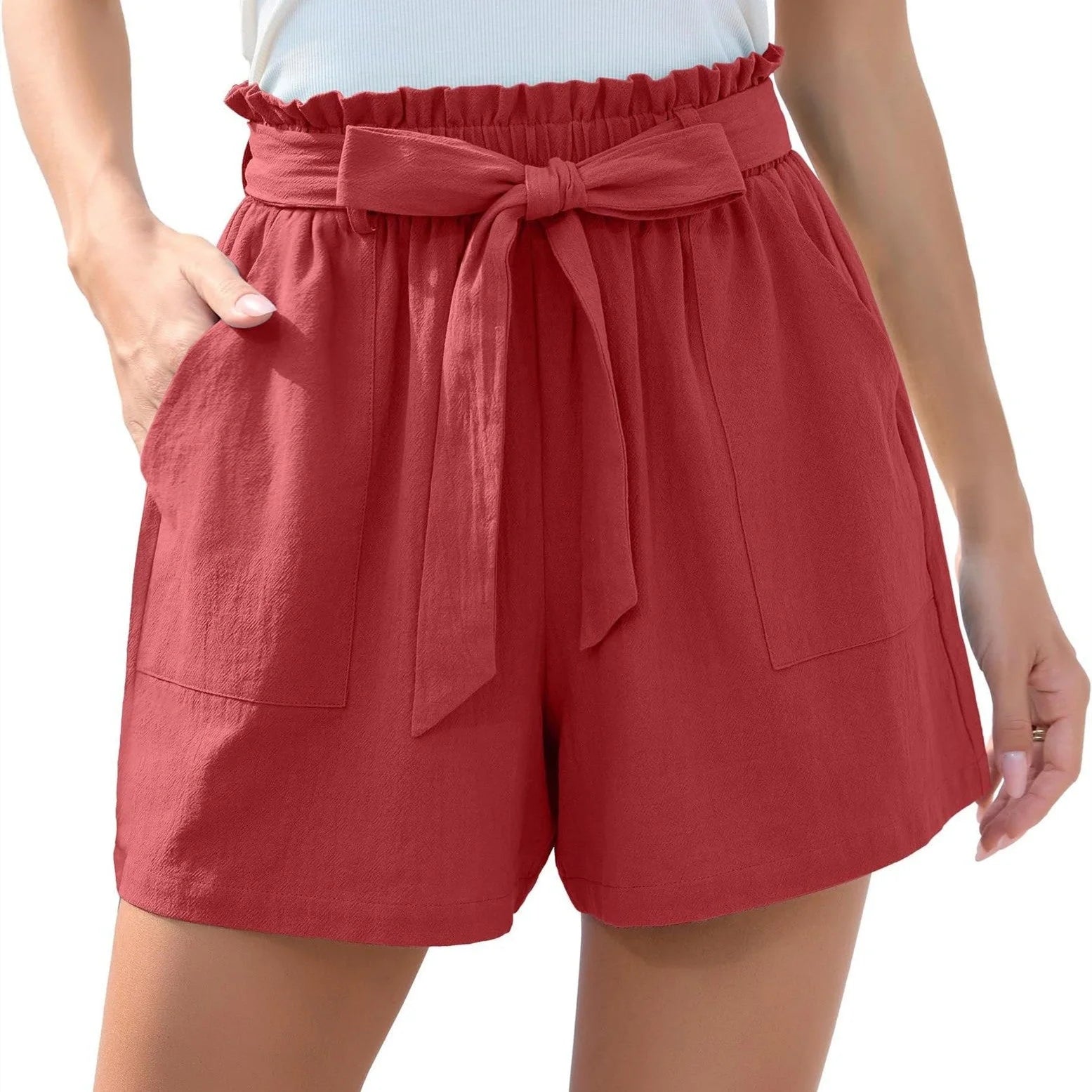 Stylish high waist women's shorts with ruffle bow tie detail and pockets for summer