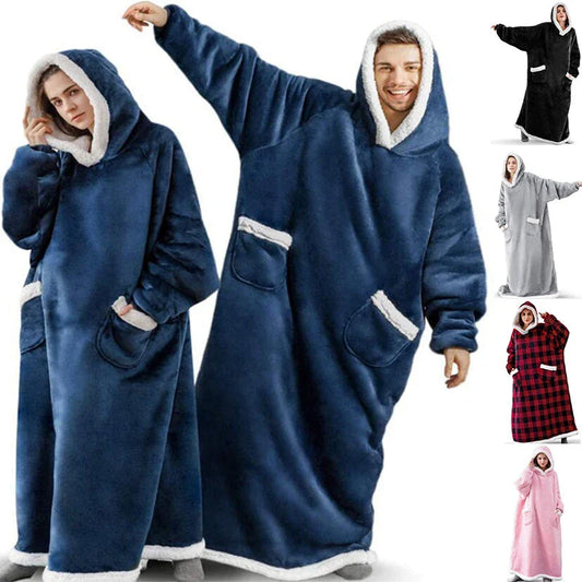 Comfy oversized TV hoodie blanket in various stylish colors, perfect for cozy movie nights and relaxation at home.