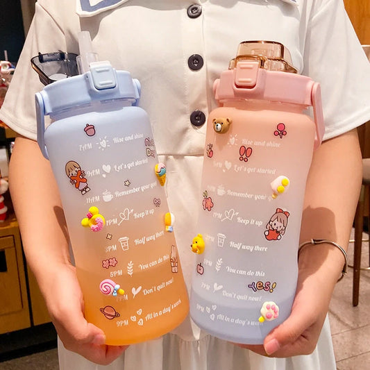 2000ml gradient colour water bottle with straw and stickers, leak-proof design