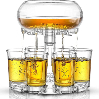 6-shot glass dispenser holder with 6 cups for wine, whisky, and beer