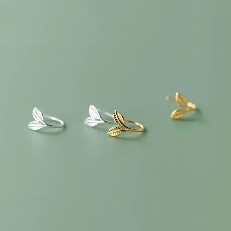 Handcrafted S925 sterling silver branch bud earrings with leaf design