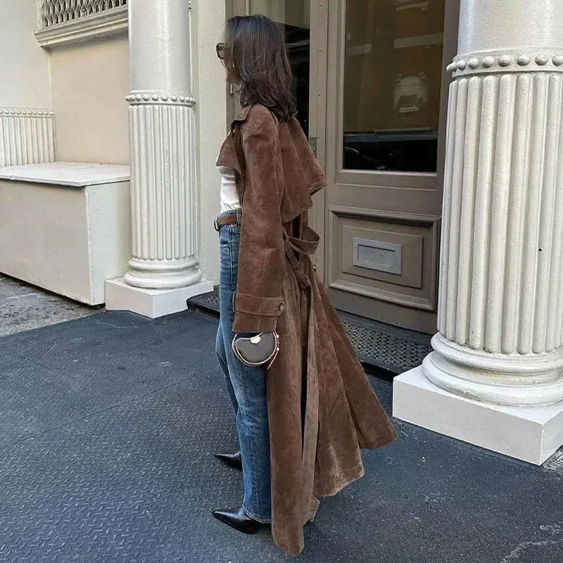 Double-breasted vintage suede long coat with belt for women in brown and light brown
