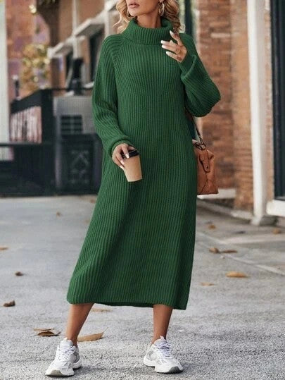 Cosy knitted turtleneck dress in a range of colours, including milky white, caramel, black, dark gray, and dark green