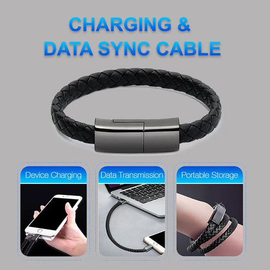 Stylish data cable bracelet in black, white, and brown colors with android, apple, and USB-C connectors
