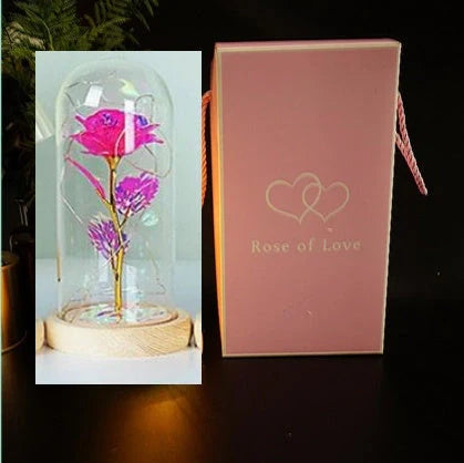 Enchanted Forever Rose in Glass LED Light decoration with realistic rose and wooden base