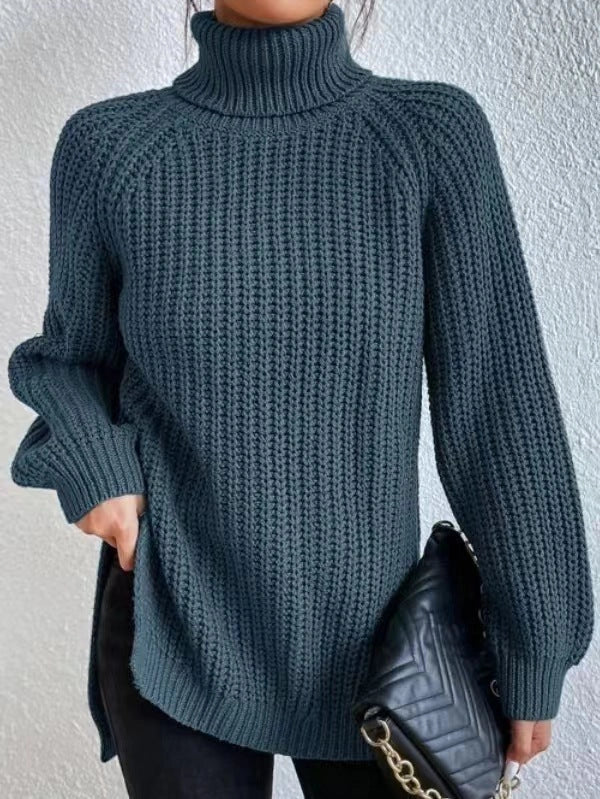 A stylish turtleneck pullover sweater with a unique split design, available in a variety of classic colours and sizes.