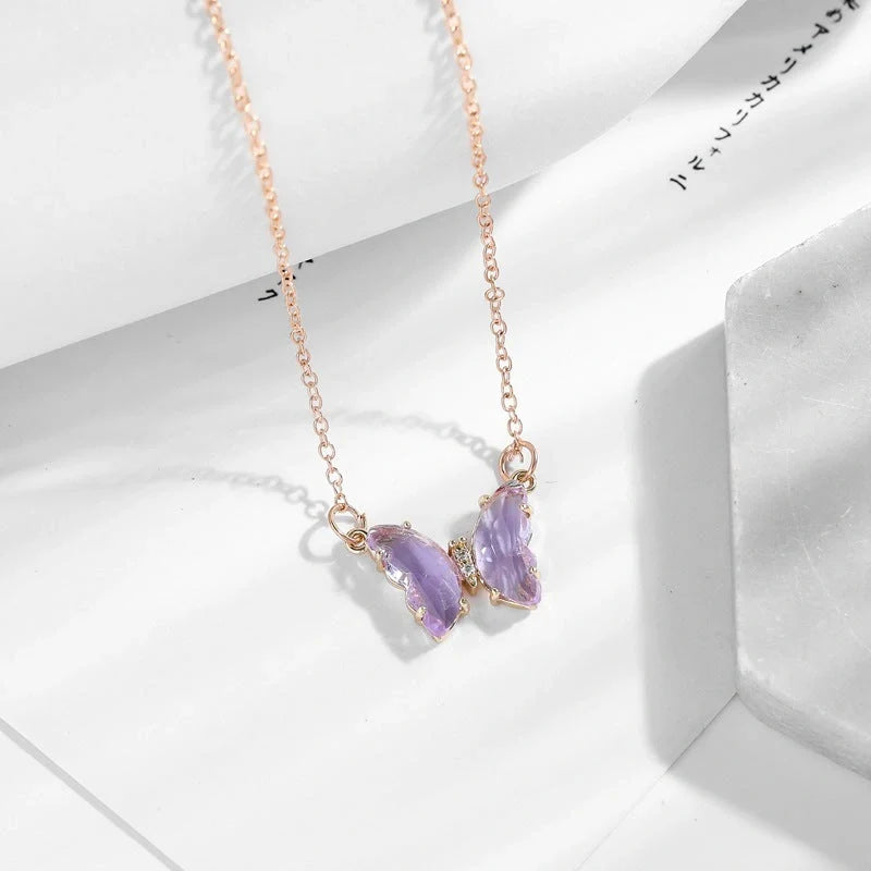 Girl Fantasy Glass Crystal Butterfly Necklace in blue, purple, light blue, and pink