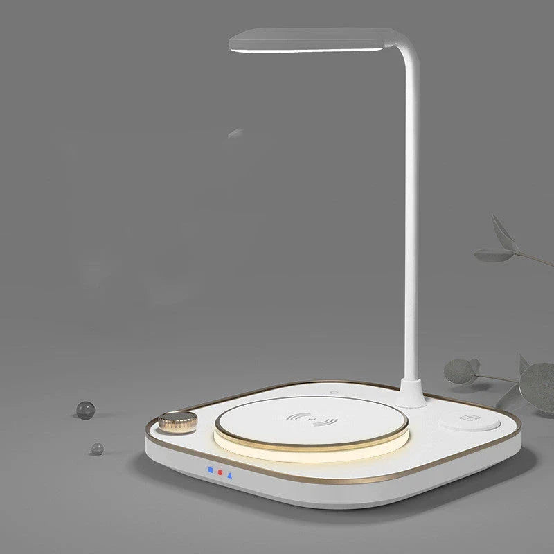 Versatile 3-in-1 wireless charging desk lamp with adjustable LED lighting and fast 15W Qi charging for smartphones and devices
