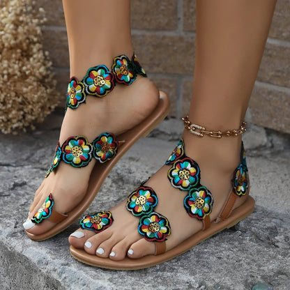 Ethnic style flowers flat sandals for women with fish mouth toe and floral design