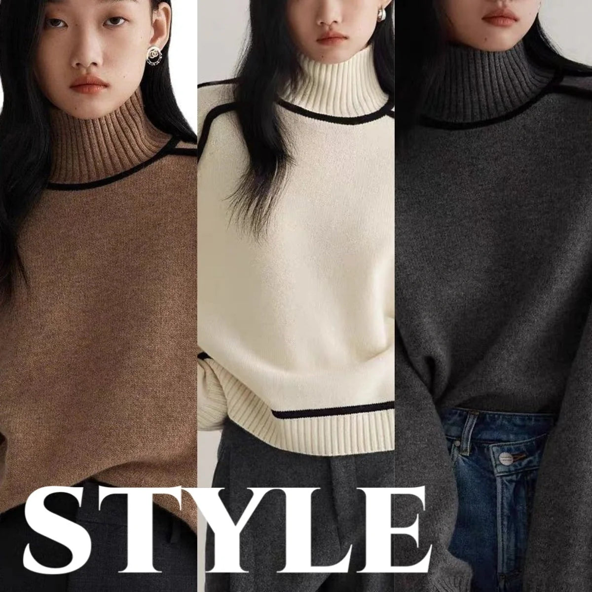 Half turtleneck knitted sweater with three-dimensional design in creamy white, floral brown, gray, and blue