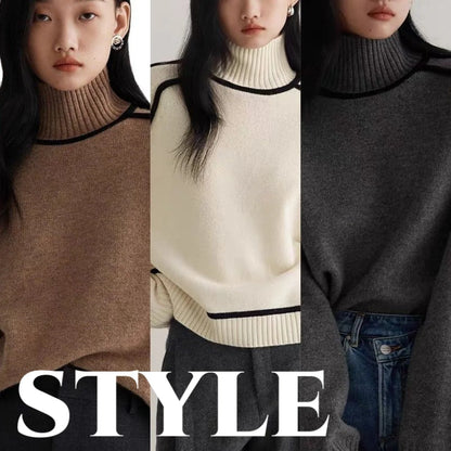 Half turtleneck knitted sweater with three-dimensional design in creamy white, floral brown, gray, and blue