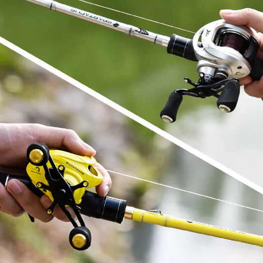 Water Drop Long Throw Lure Fishing Reel with yellow accents and dual braking system