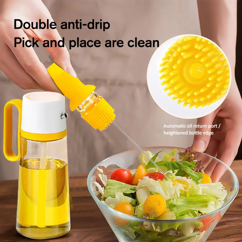 2-in-1 oil dispenser with silicone brush for BBQ and cooking, available in yellow, green, and brown