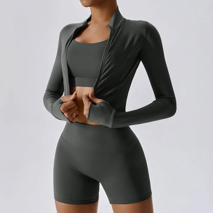 Premium activewear set in various colours, including black, blue, green, and magenta. The set features a sleek and streamlined design for optimal performance and comfort during outdoor sports and yoga.