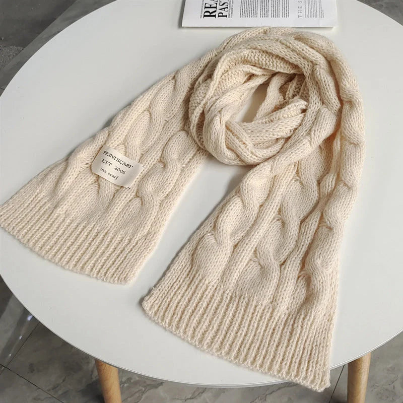 Sweet Labeling 8-word Twist Apricot Small Scarf in deer plush fabric, available in beige, gray, and black.