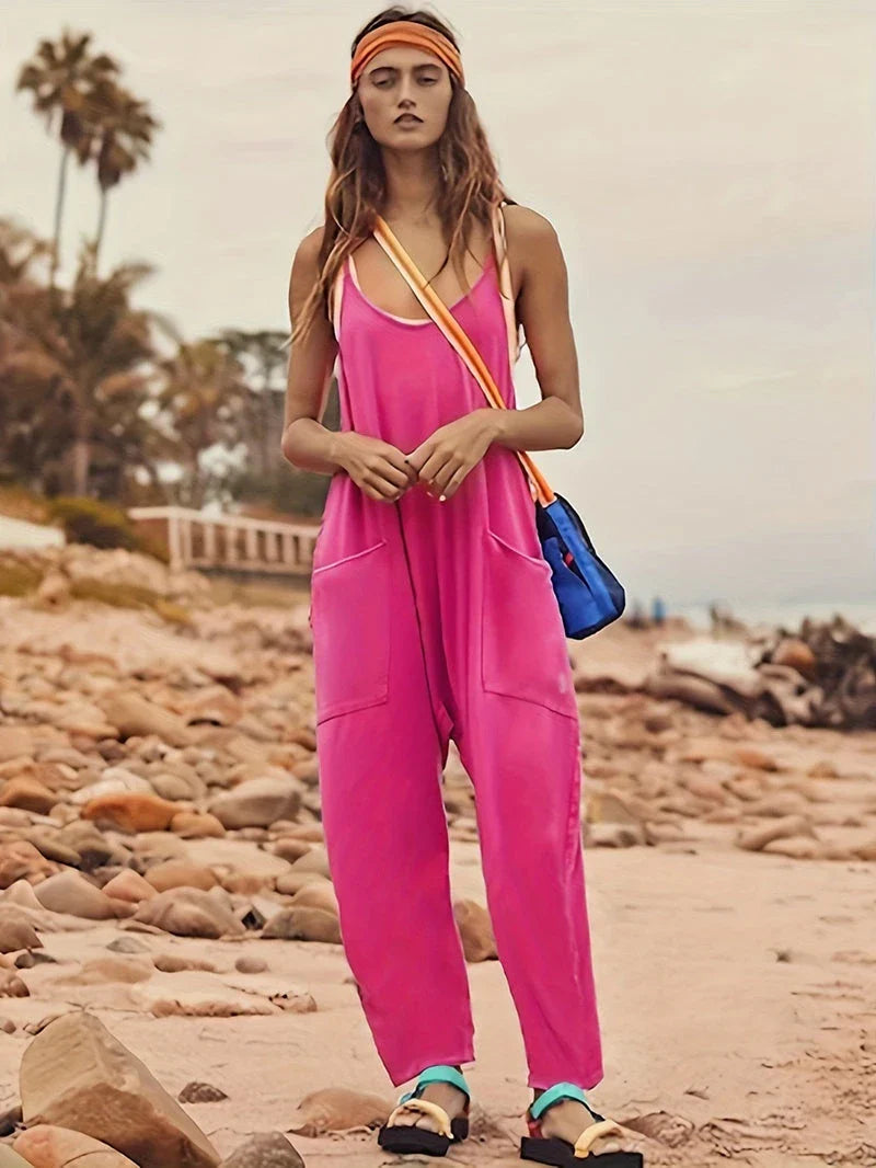 Sleeveless jumpsuits for women in a variety of colors, including black, gray, green, brown, orange-red, light blue, purple, and dark gray