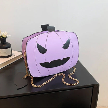 Enchanting Halloween pumpkin-themed shoulder bag in various colours, featuring an adjustable chain strap and trendy urban style