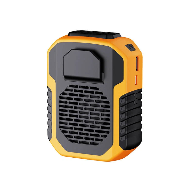 Portable waist fan with USB charging in green, black, and orange