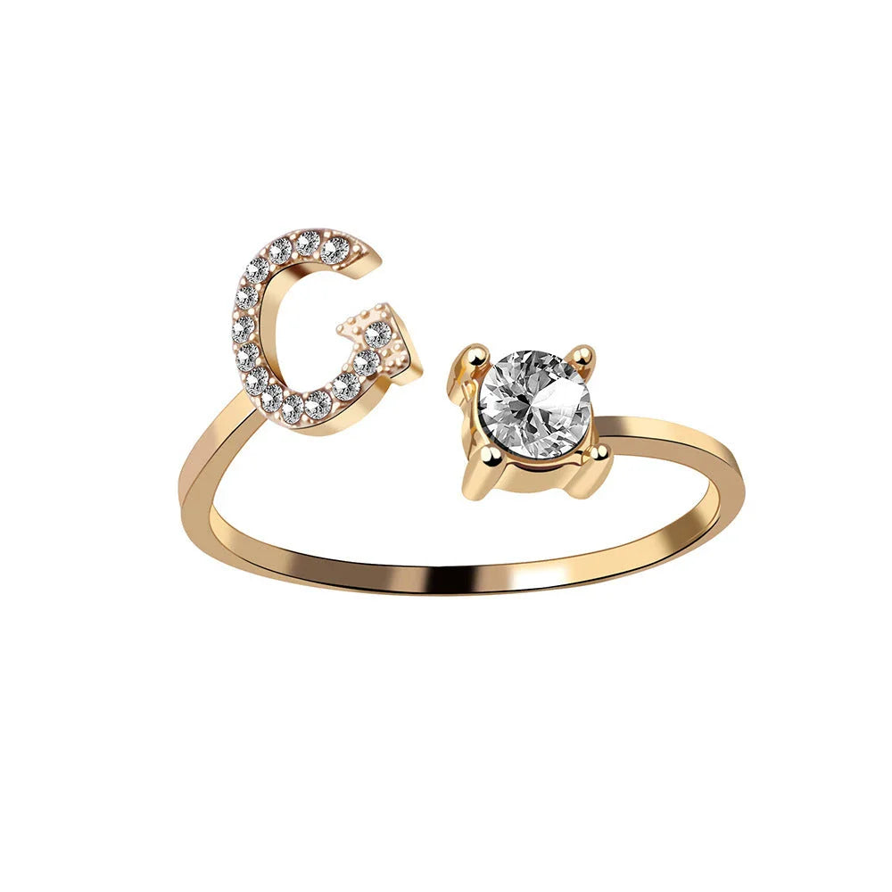 Customizable adjustable ring with 26 letters for women, featuring zircon stones and copper alloy construction