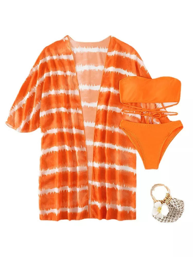 Women's orange nylon chiffon three-piece swimsuit with chest cushion