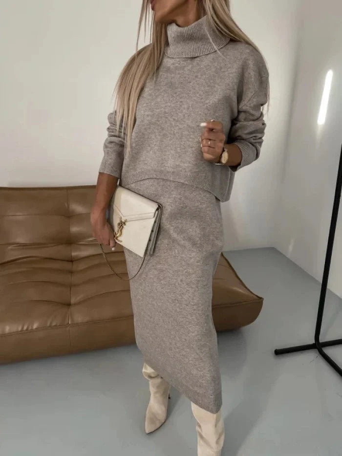 Women's winter turtleneck pullover and sleeveless long dress set in white, grey, and camel