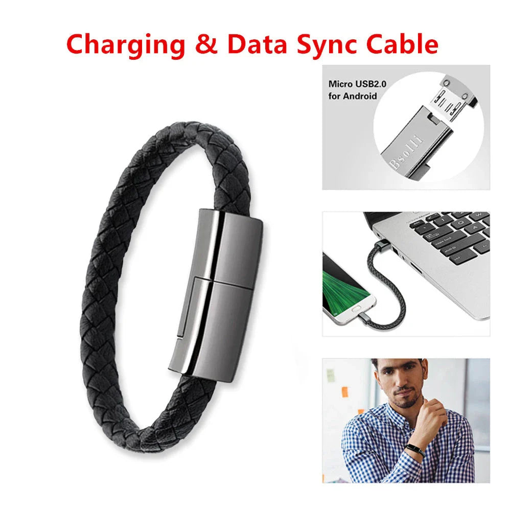 Stylish data cable bracelet in black, white, and brown colors with android, apple, and USB-C connectors